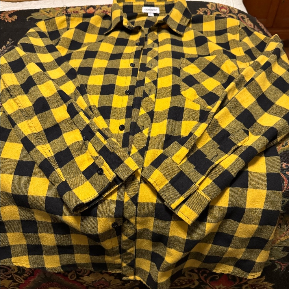 Yellow and Black Casual Button Down Shirt with Bold Plaid Design
